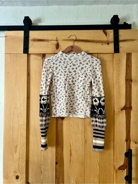 We The Free Cream Floral Mock Neck Top with Patterned Black Sleeve Panels